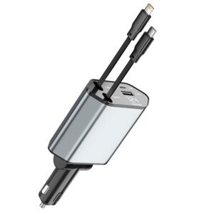 4-in-1 Retractable Car Charger with 2 USB-C/Lightning Cables and Dual USB Ports